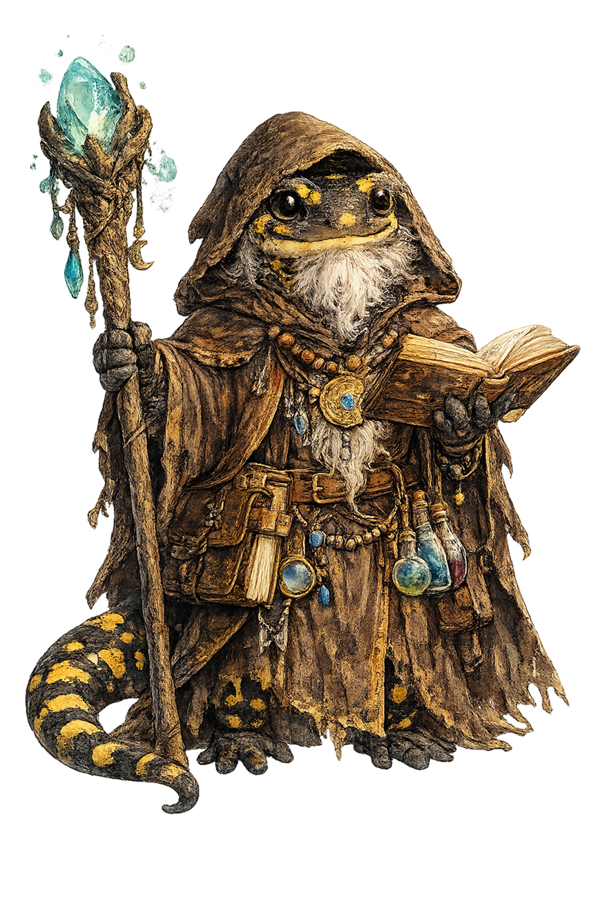 Une créature fantastique mi-humain, mi-animal, habillée en mage, tenant un bâton magique avec un cristal et un dé noué, portant un livre ouvert. Elle a la tête et le visage d'une salamandre avec un décor de pierres précieuses, et un corps hérissé de vêtements en tissu brun avec des potions et des accessoires magiques.