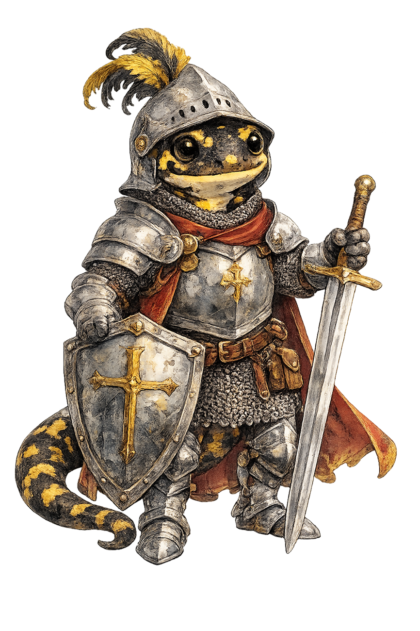 Une grenouille anthropomorphe déguisée en chevalier médiéval, portant une armure en métal, un casque avec une plume, un bouclier avec une croix, une épée, et une cape rouge.