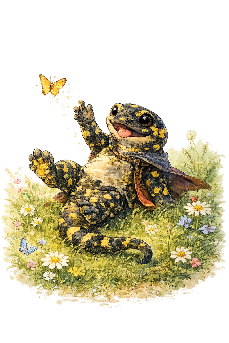 Une illustration d'un salamandre joyeuse avec des taches jaunes et noires, portant une écharpe rouge, jouant avec une butterfly dans un champ de fleurs et d'herbes. La salamandre semble heureuse et joue avec la butterfly dans un décor naturel.