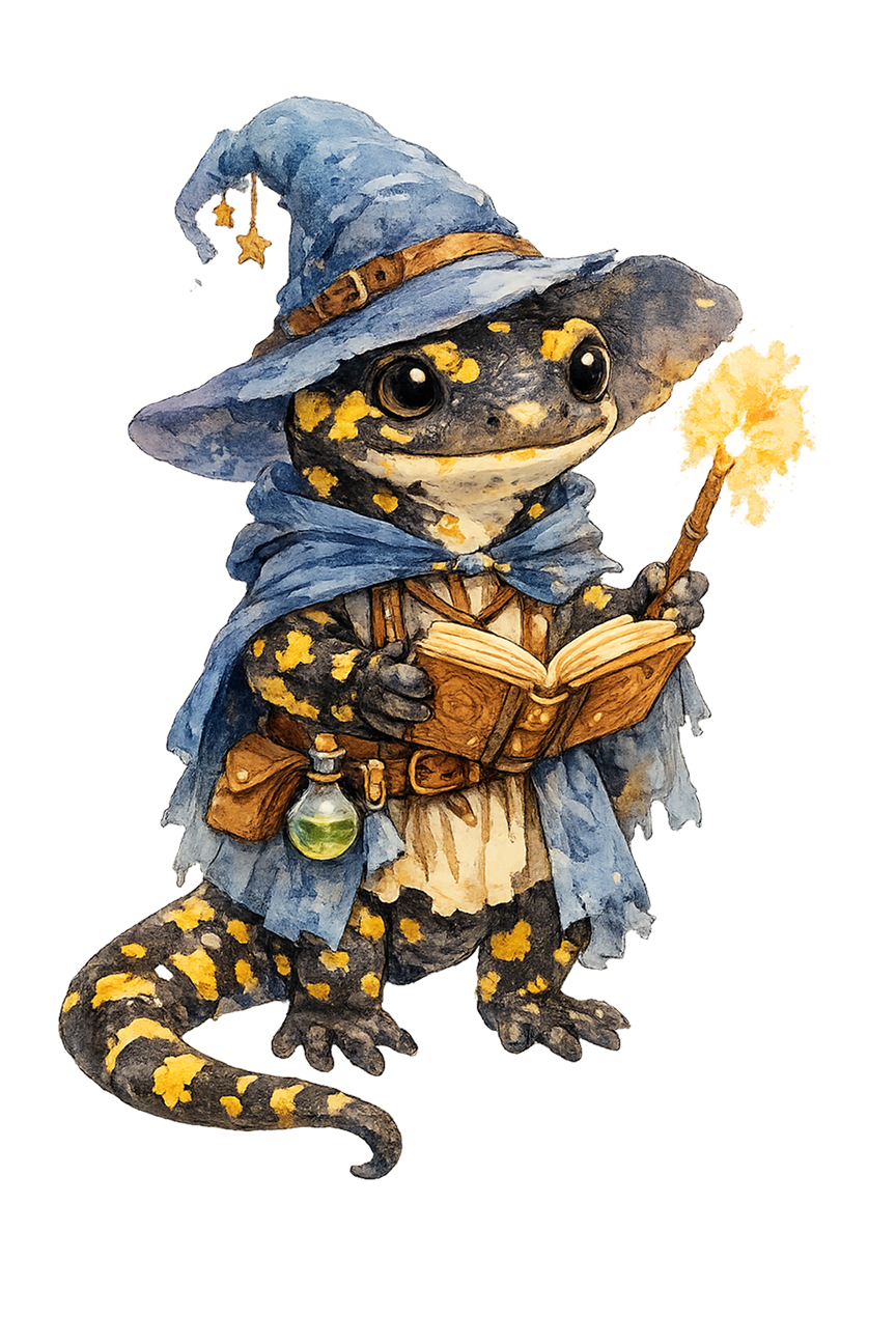 Une illustration d'une salamandre anthropomorphe en habits de sorcier, portant un chapeau pointu, une cape, tenant un livre, un flacon et une baguette magique, dans un style artistique fantasy.
