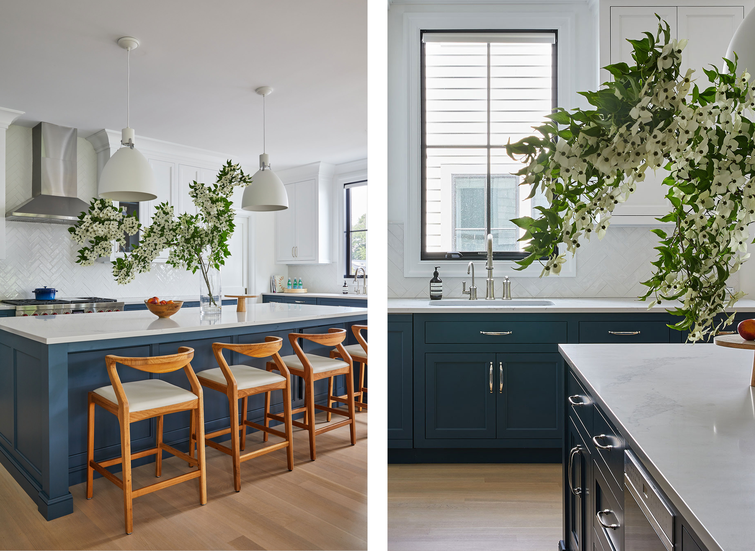 Quartz kitchen island with wooden counter stools in a modern Rye, New York condo