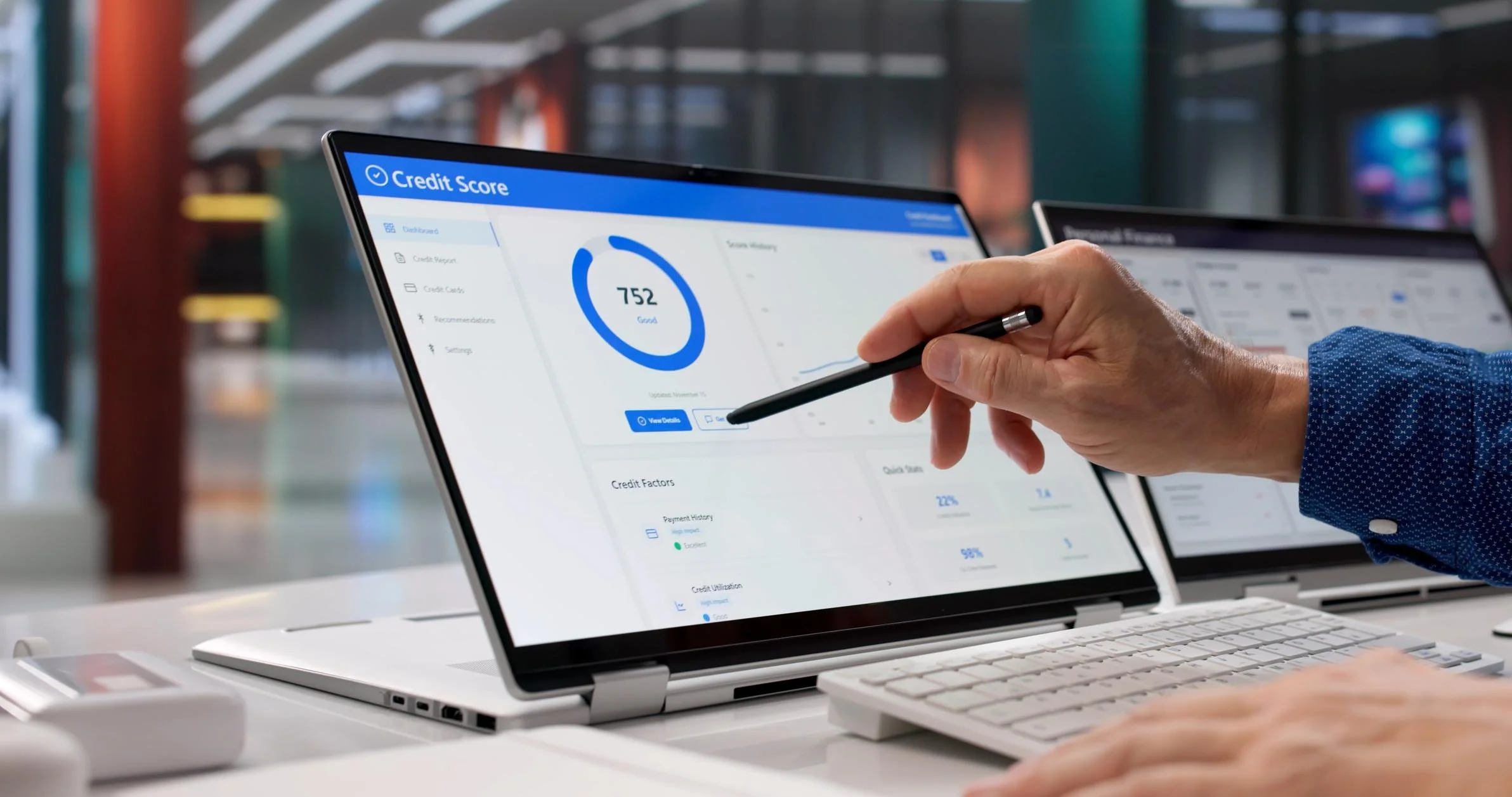 Person using a stylus to interact with a digital credit score dashboard on a laptop screen.