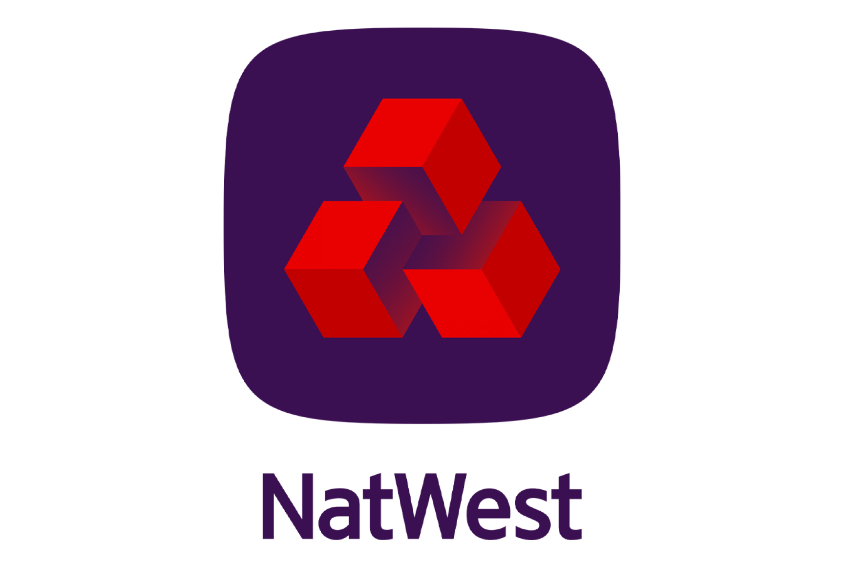 A dark purple background with a logo of three interconnected red cubes in the center, surrounded by a speech bubble shape.