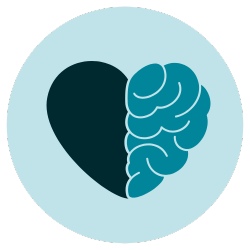 Icon of half heart and half brain on light blue background