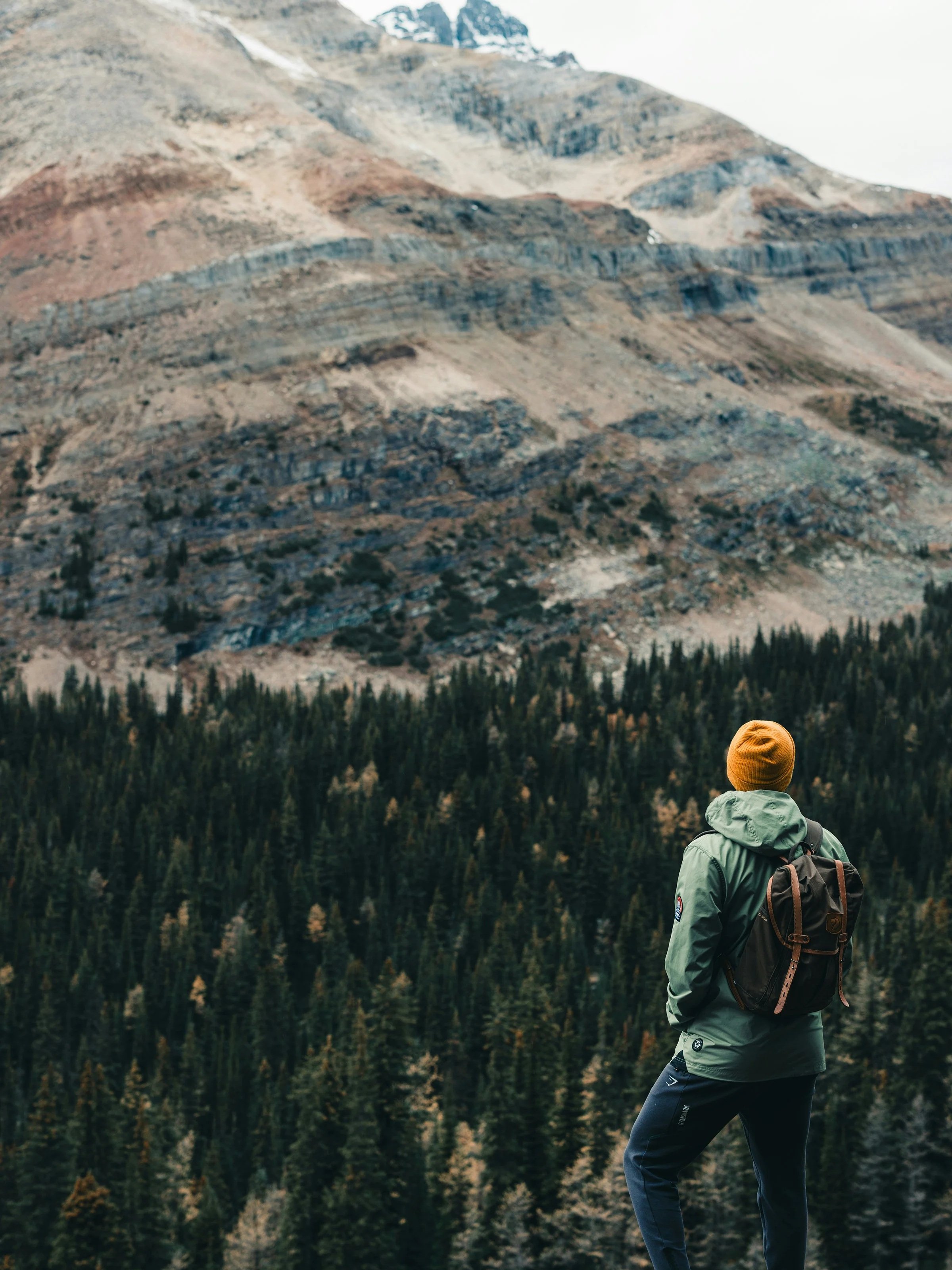 A hiker wearing a yellow beanie and gray jacket looking at a large, rugged mountain with a forest in the foreground.