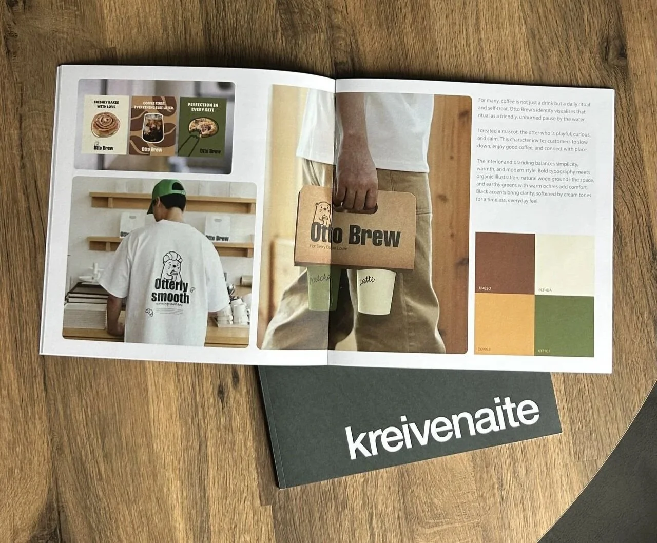 Open magazine featuring branding and marketing for Otio Brew, showing close-up of a person holding a coffee bag, a storefront image of a barista in Otio Brew apparel, three coffee product images, color palette, and a blackboard with the word 'kreivenaite' on it.