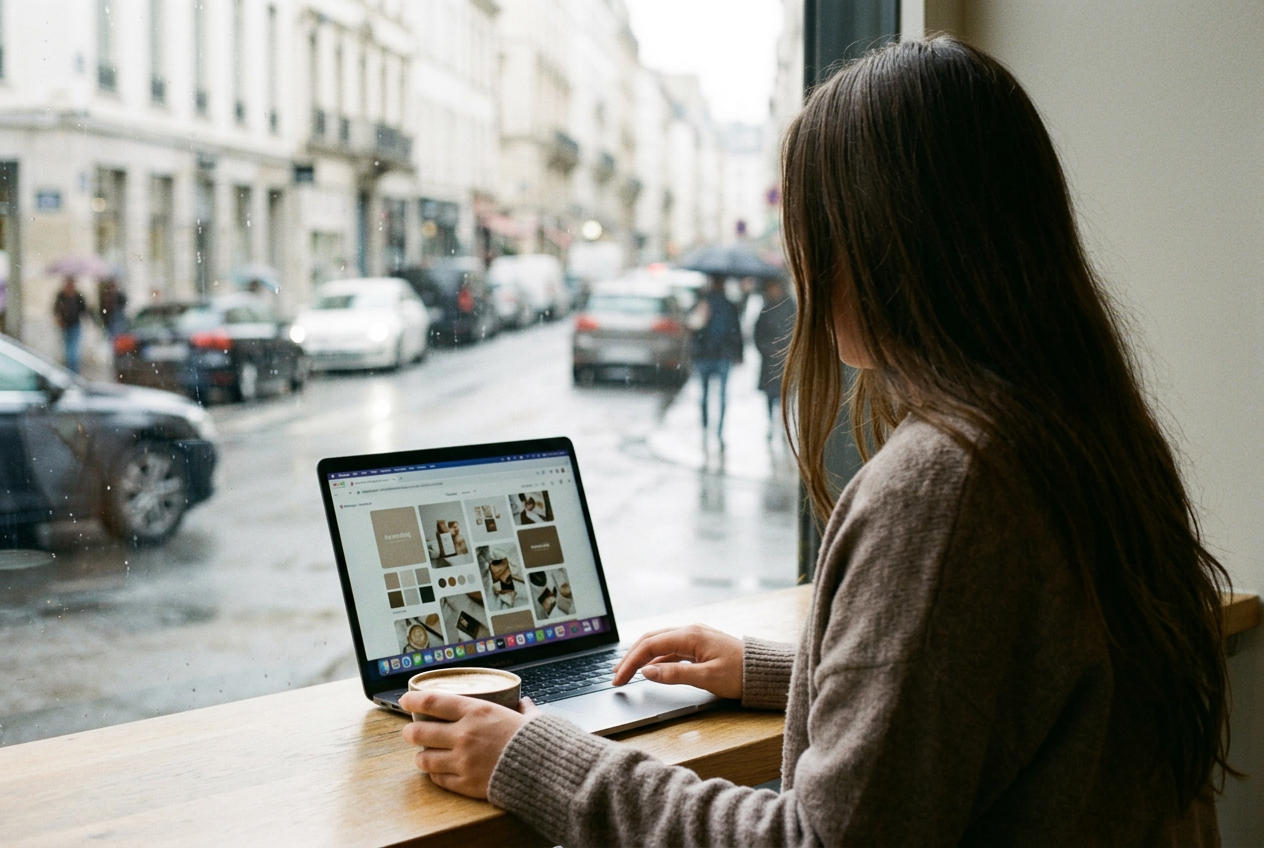 Woman with long brown hair in a beige sweater sitting at a wooden table near a window on a rainy day, using a laptop and holding a coffee cup.