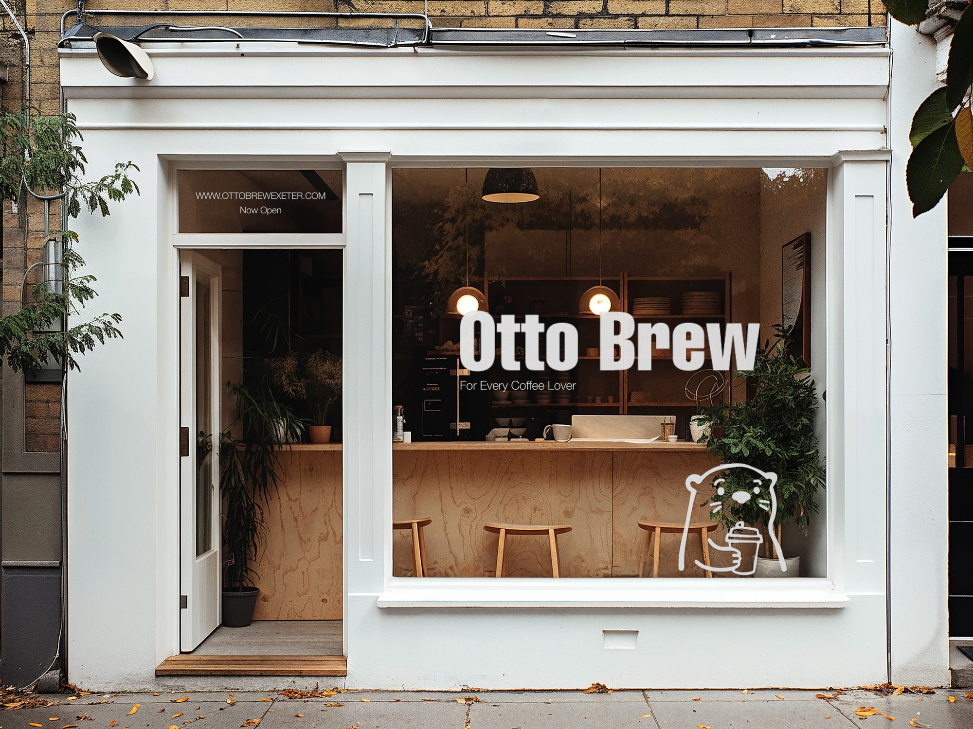 Front of a small coffee shop named Otto Brew, with a large window and door open to the street. Inside, wooden stools, a counter, and hanging lights are visible. Outside, there are potted plants and a sticker of a cartoon dog holding a coffee cup on the window.