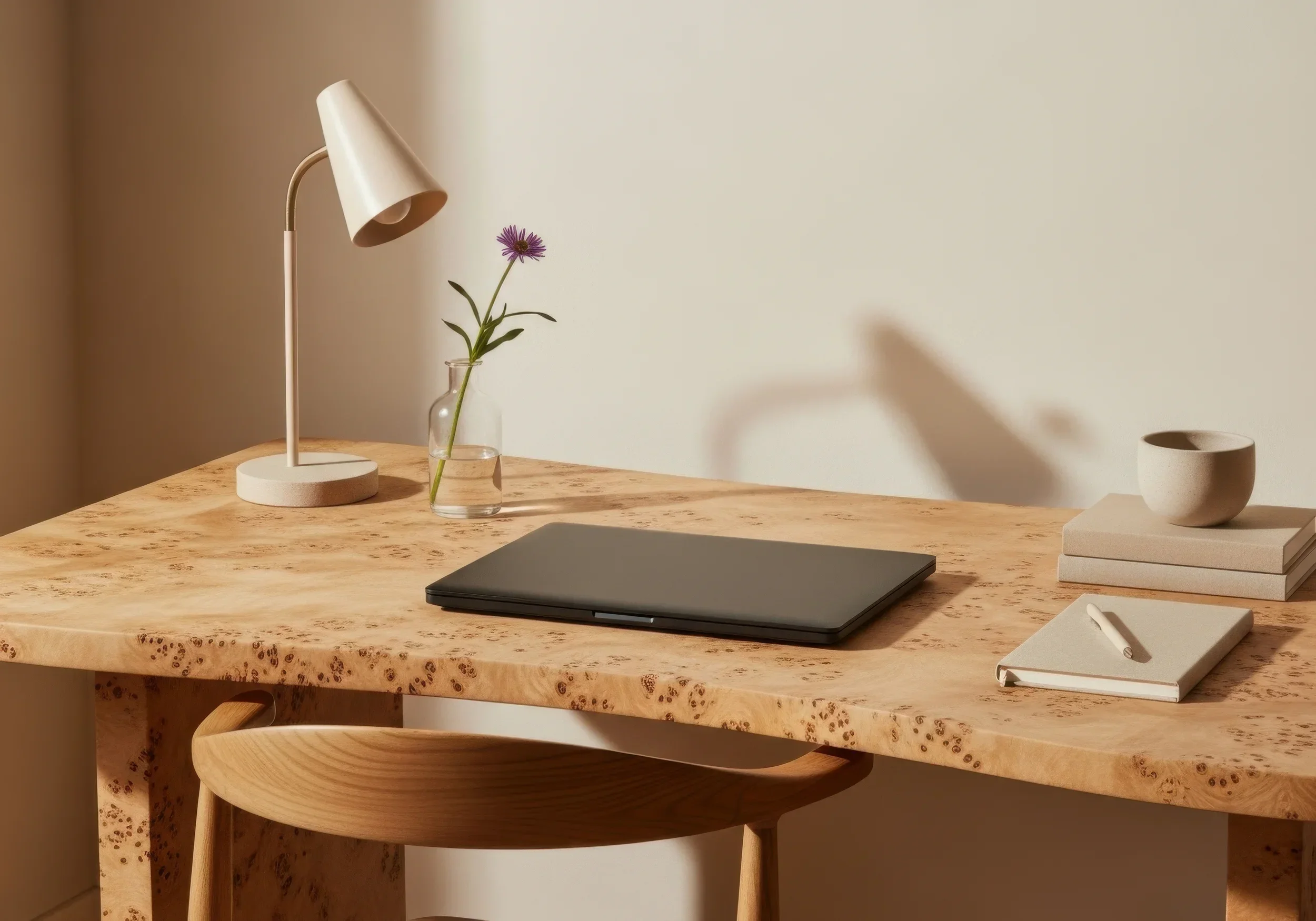 Wooden desk with a closed laptop, a stack of books, a small bowl, a notepad, and a pen, with a small vase holding a purple flower and a white desk lamp.
