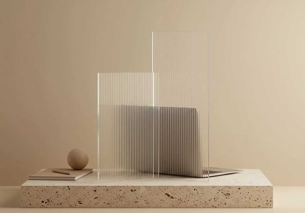 A minimalist workspace with a terrazzo desk, a small spherical object, a book, and two transparent acrylic dividers with ridged patterns.