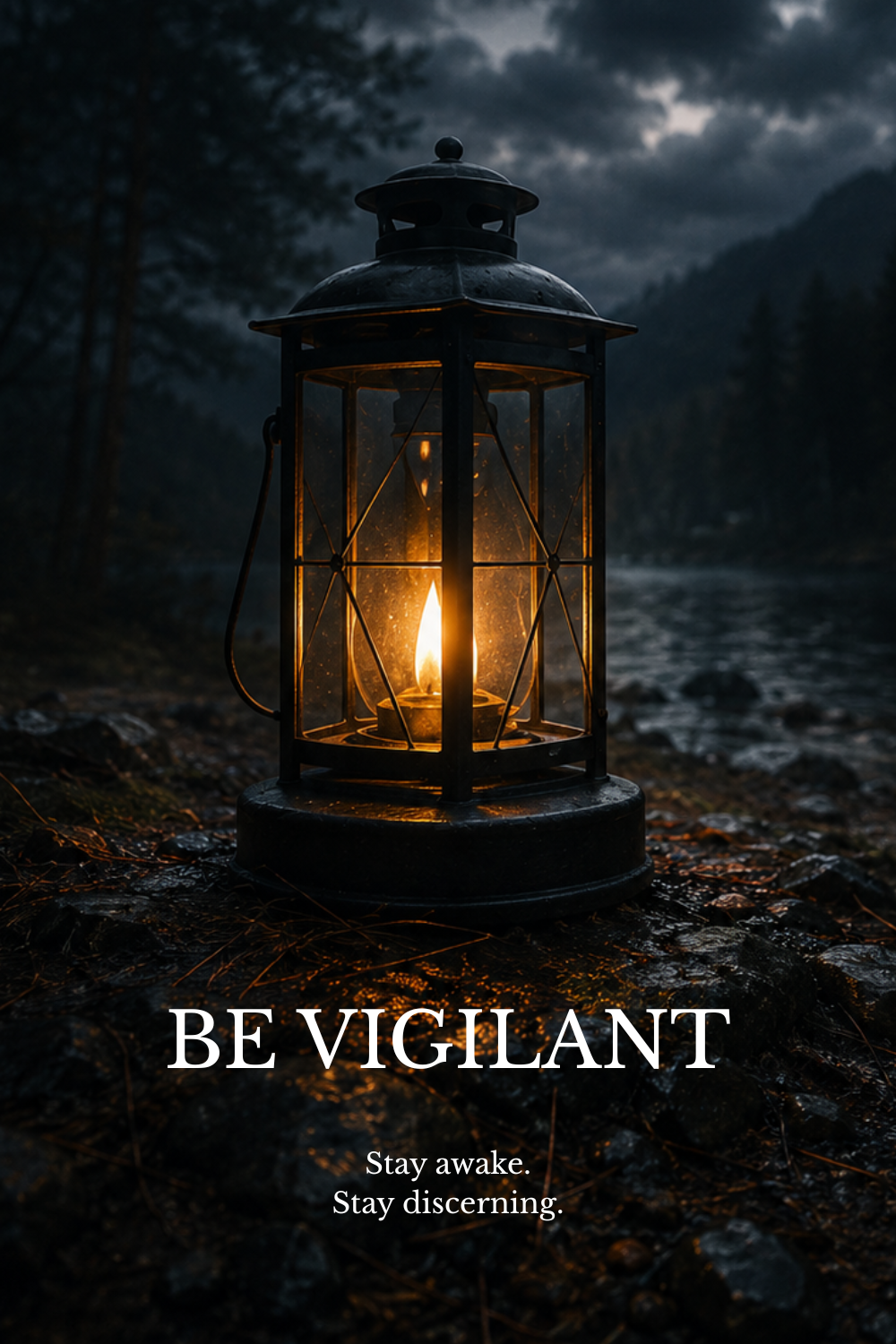 A lantern with a glowing candle inside sitting on wet rocks near a river, with dark trees and cloudy sky in the background, and text that reads: "BE VIGILANT. Stay awake. Stay discerning."