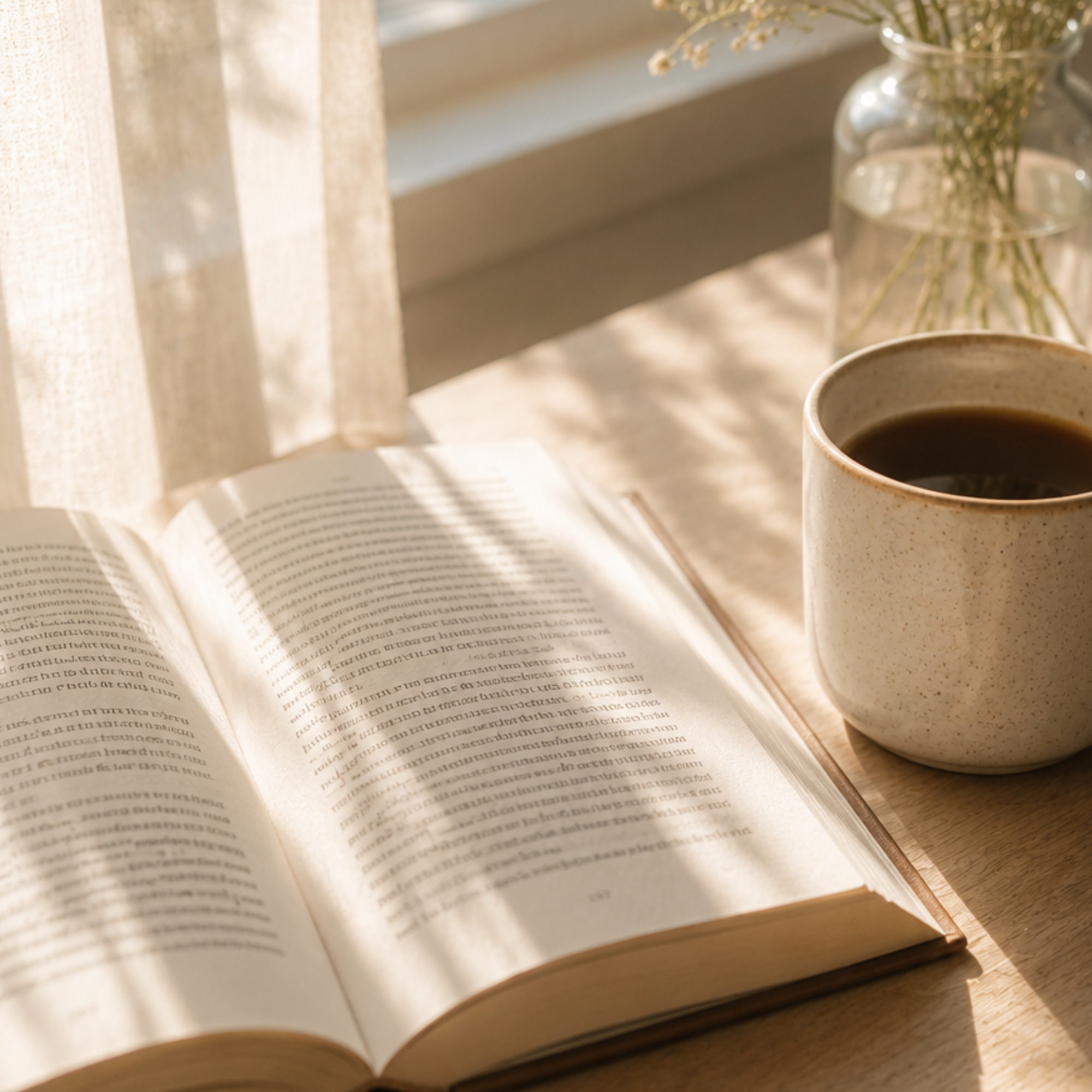 Open book with a coffee mug and a vase of flowers on a wooden table, bathed in warm sunlight.