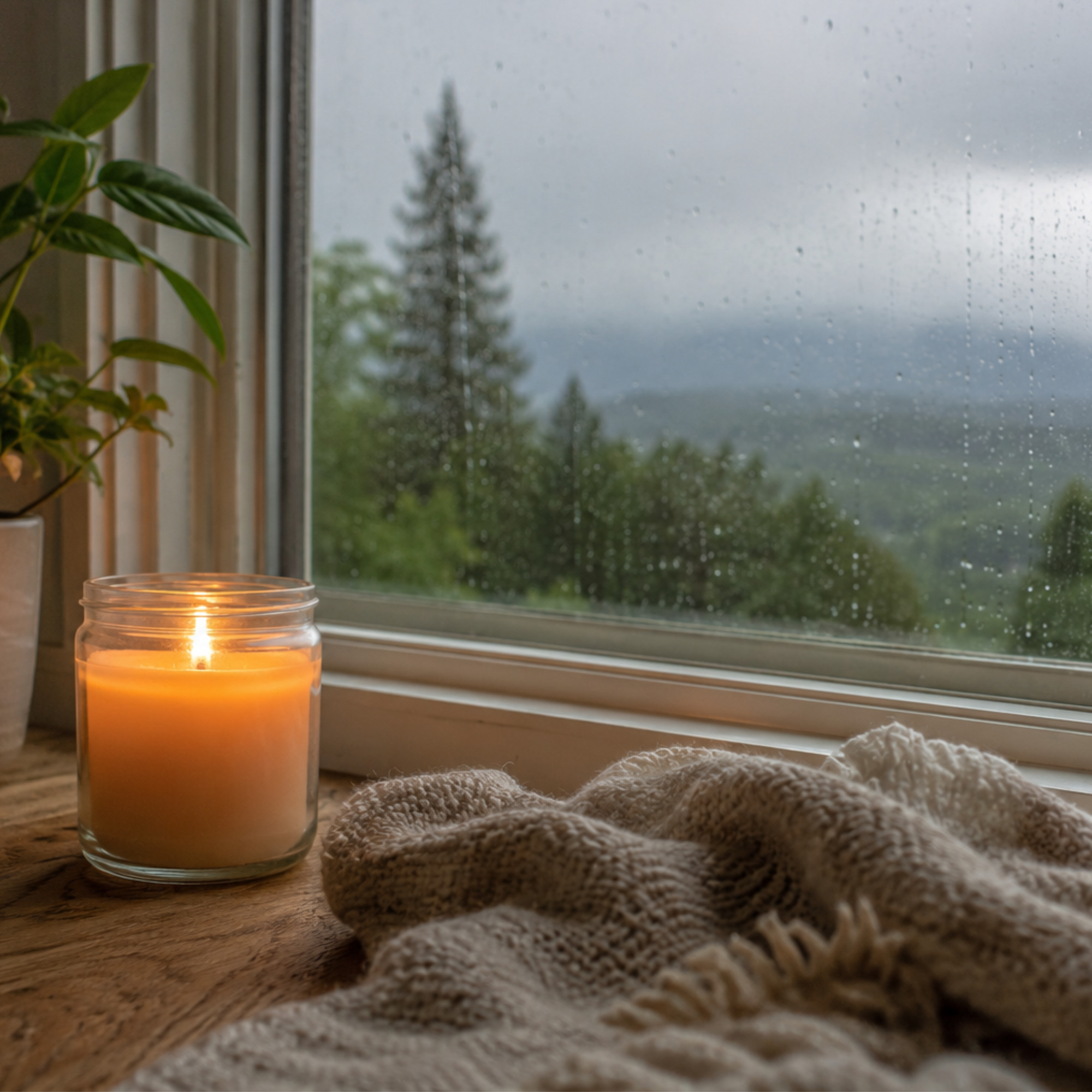 A lit candle in a glass jar, a soft blanket, and a window with raindrops on it and a cloudy sky outside.
