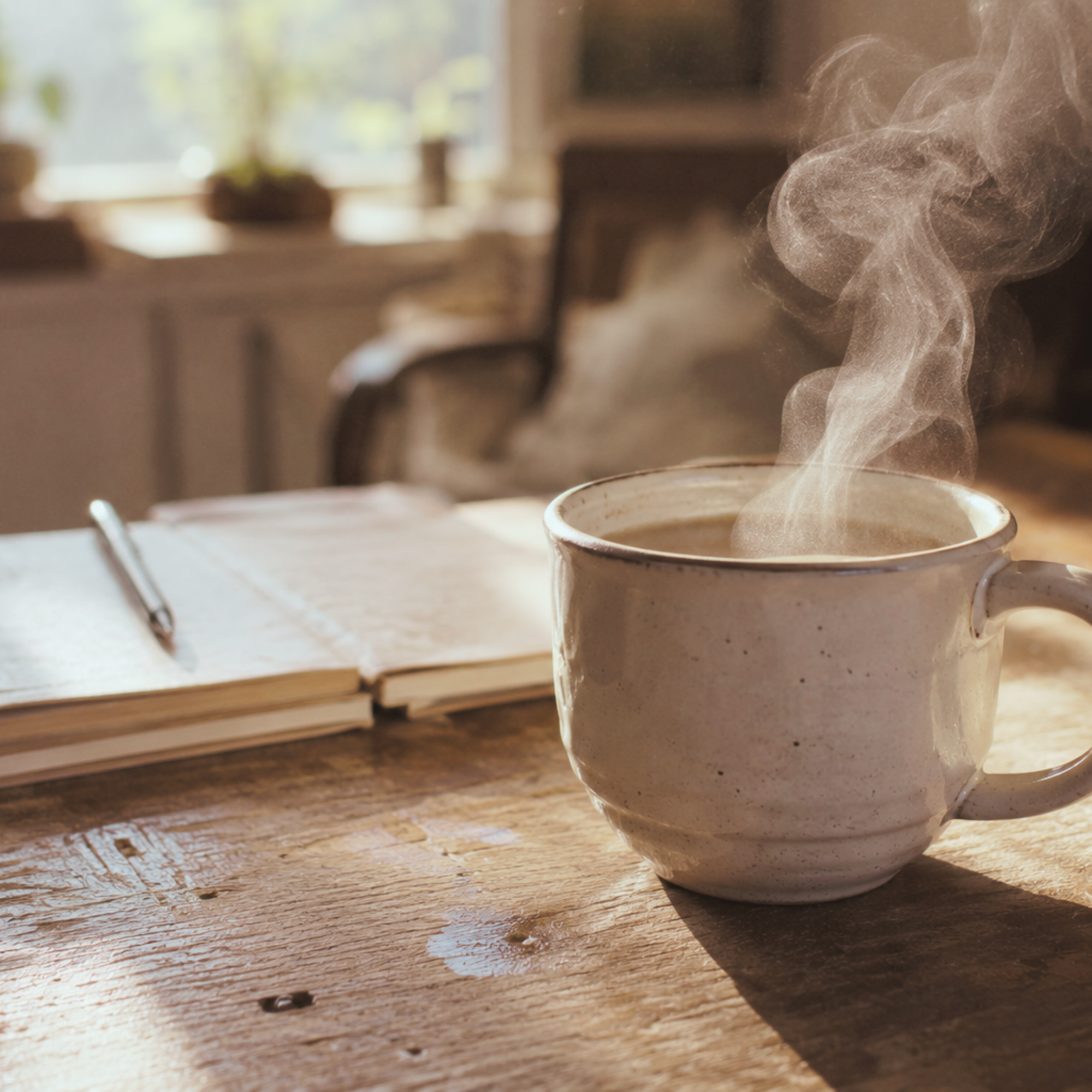 A white ceramic cup with tea or coffee, placed on a wooden table with a rustic appearance. In the background, there is a blurred notebook and a pen, with a window letting in natural light.