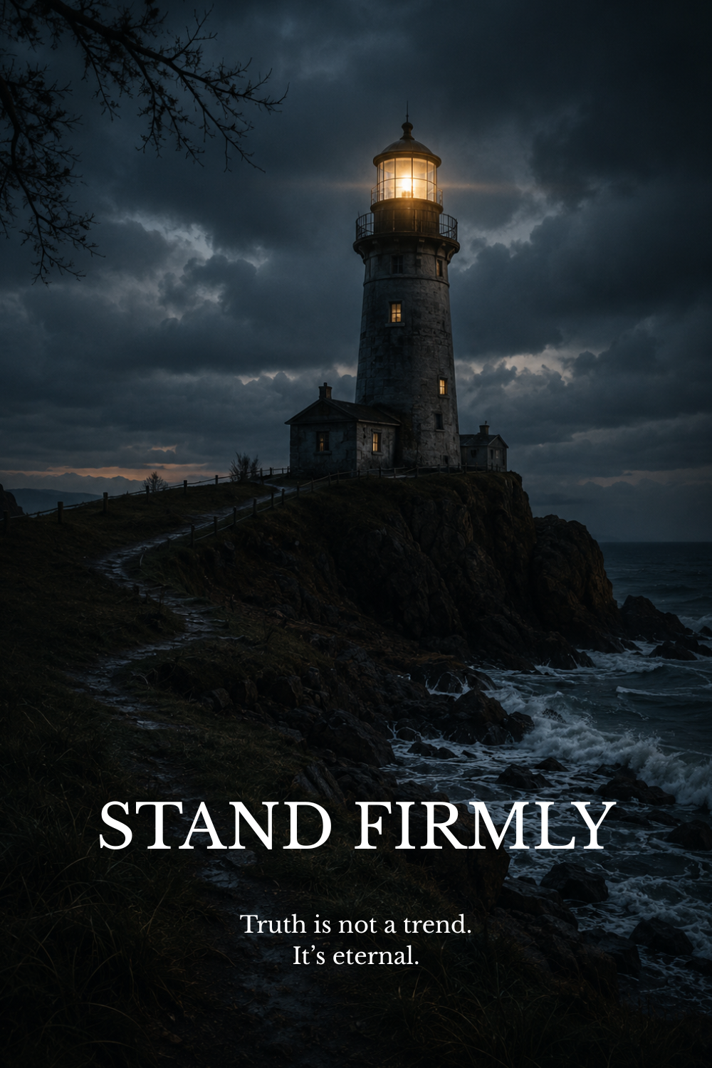 A lighthouse on a rocky coast at night with dark, stormy clouds and the moon behind the lighthouse. The lighthouse is lit, with a bright glow shining through its glass. There is a dirt path leading up to the lighthouse, and the ocean waves crash against the rocks below.