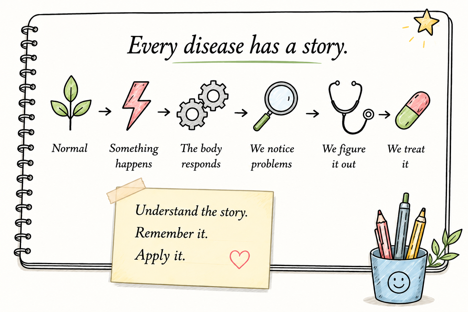 A colorful, illustrated infographic titled "Every disease has a story." showing a flowchart with six steps: a plant representing "Normal," followed by a red lightning bolt for "Something happens," two gears for "The body responds," a magnifying glass for "We notice problems," a stethoscope for "We figure it out," and a capsule pill for "We treat it." There is a note taped to the infographic with the text: "Understand the story. Remember it. Apply it." A small pot with smiling face holds pens and pencils, and a star is in the top right corner.