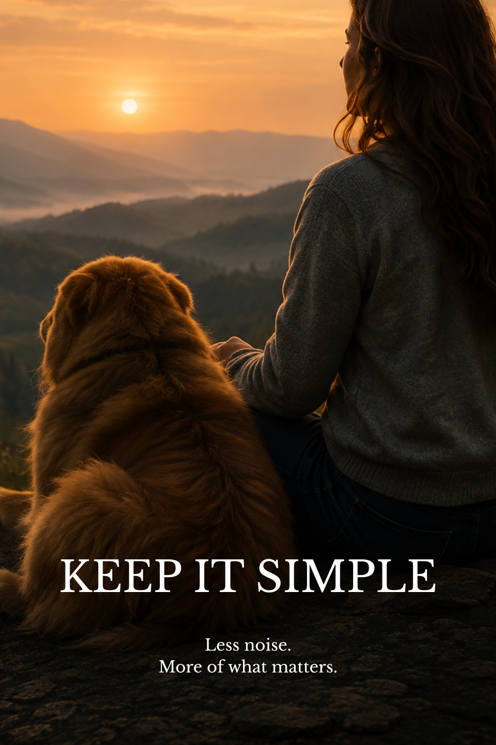 A woman and a golden retriever sitting outdoors on a rocky surface at sunset with mountains in the background, accompanied by the text 'Keep It Simple: Less noise. More of what matters.'.