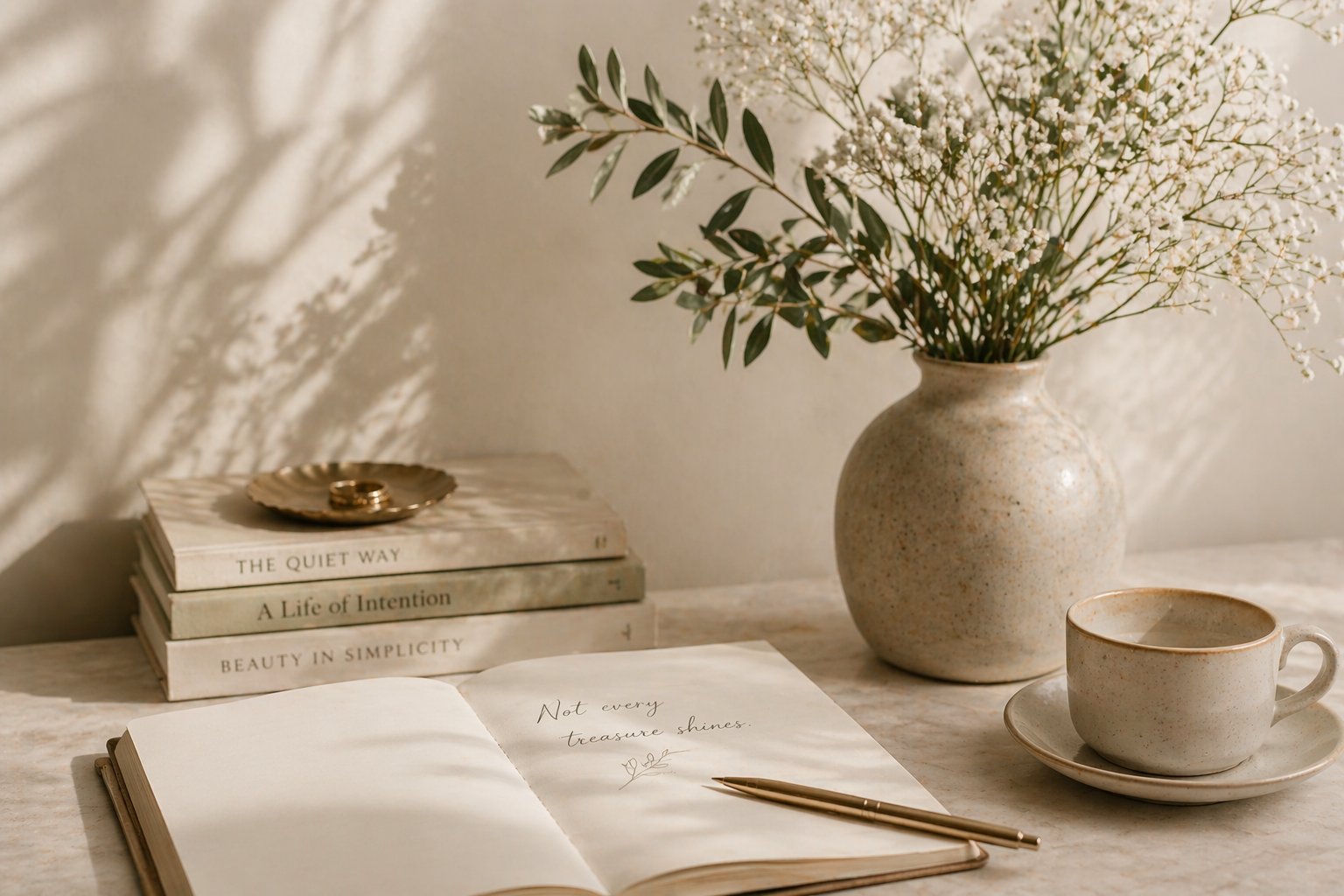 A cozy scene with a large vase of white flowers and green leaves, a cup and saucer, a pile of books, and an open notebook with a gold pen on a marble surface, illuminated by natural light creating soft shadows.