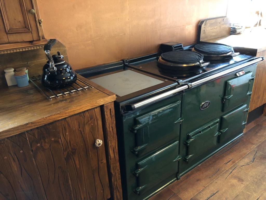A vintage green cast iron stove with four large burners and an oven, positioned against a wooden wall in a rustic kitchen.
