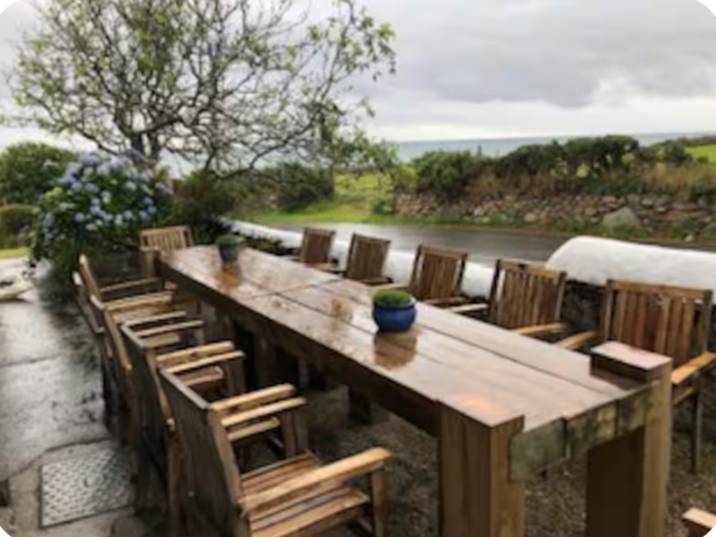 Outdoor wooden dining table with nine chairs on a patio, wet from rain with potted plants and trees, overlooking a rural landscape with grass, stone wall, and cloudy sky.