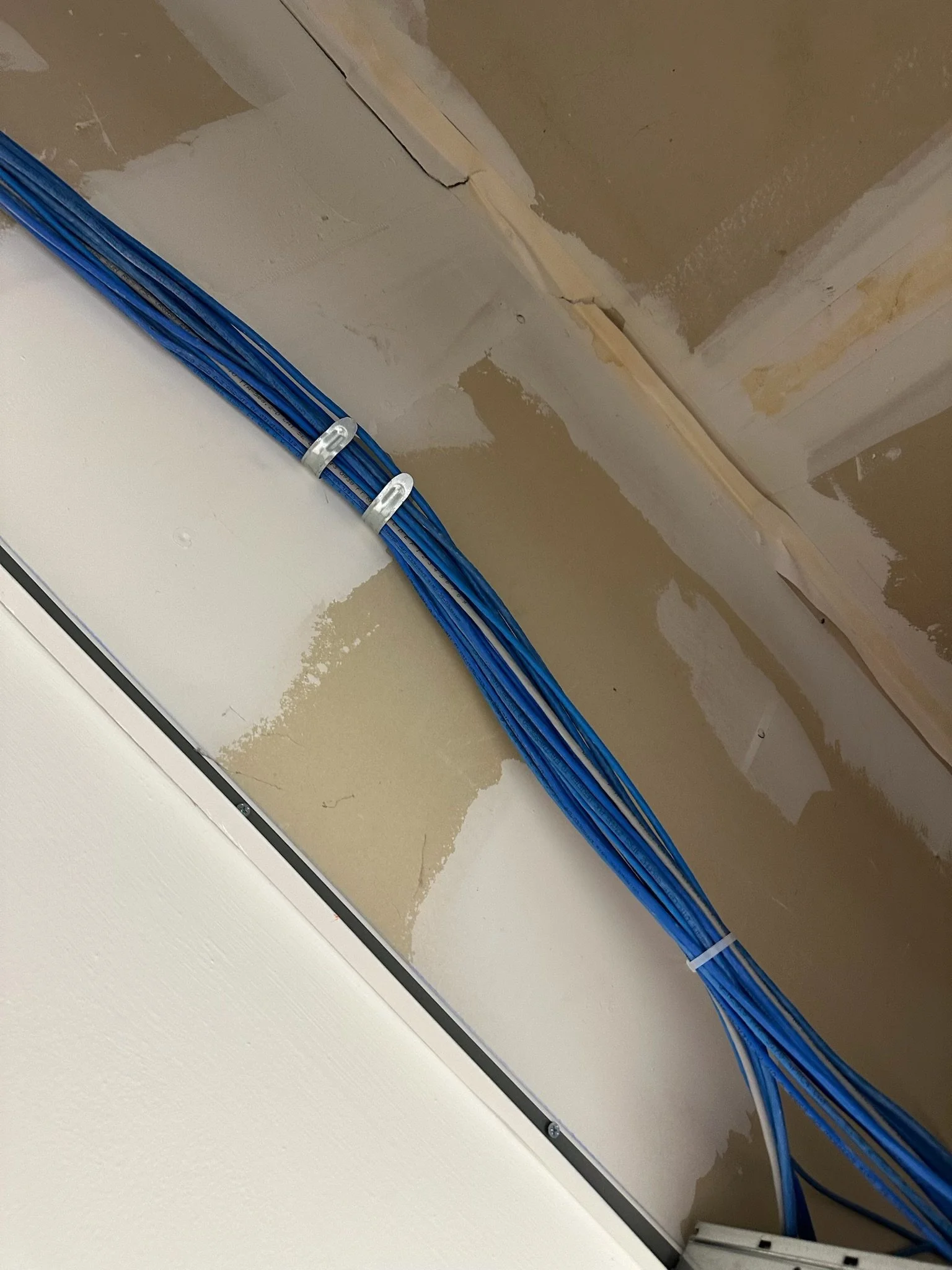 Blue Ethernet cables mounted along a wall with plastic cable clips in a room under construction or repair.