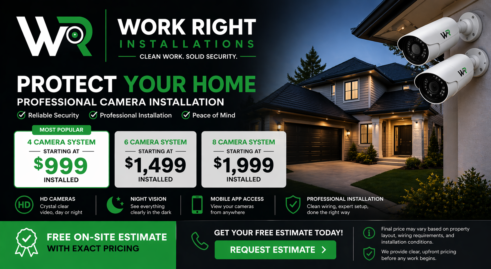 Advertisement for professional home security camera installation featuring a house with illuminated windows, two security cameras mounted on the exterior wall, and pricing options for 4, 6, and 8 camera systems starting at $999, $1,499, and $1,999 respectively. The ad highlights features like HD video, night vision, mobile app access, and professional installation, with a call to action to request a free estimate.
