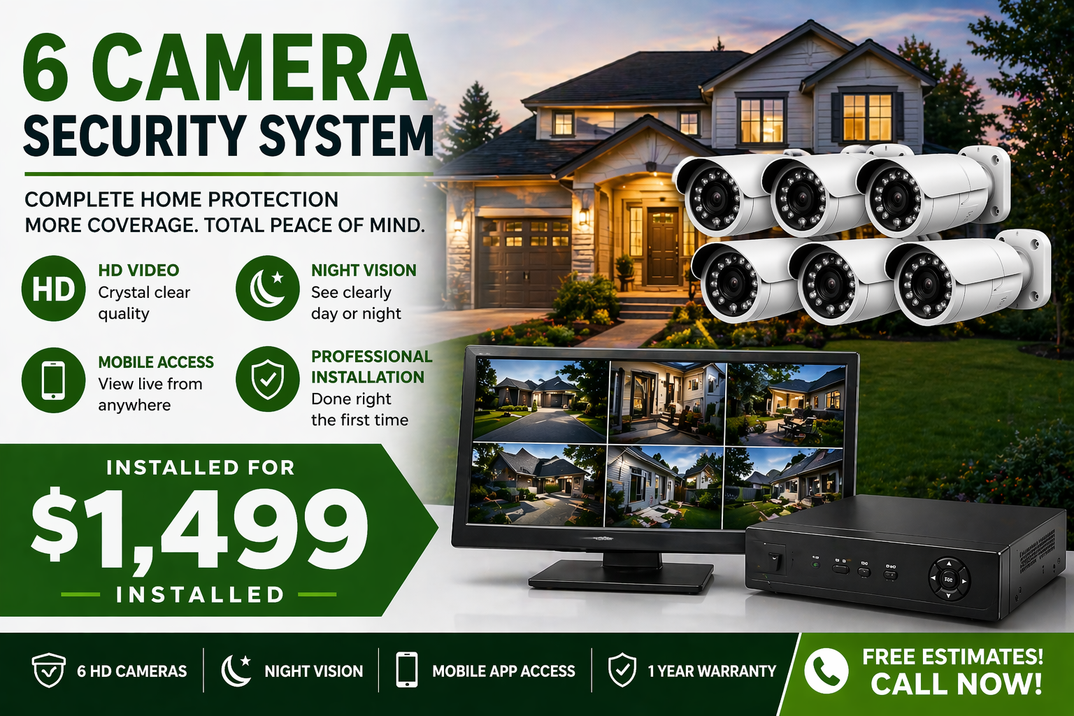 A home security system advertisement featuring six security cameras mounted outside a house, a monitor displaying surveillance footage, and a black security recorder. The ad highlights features like HD video, night vision, mobile access, professional installation, and a price of $1,499. Key icons include a shield, a moon, a smartphone, and a badge.
