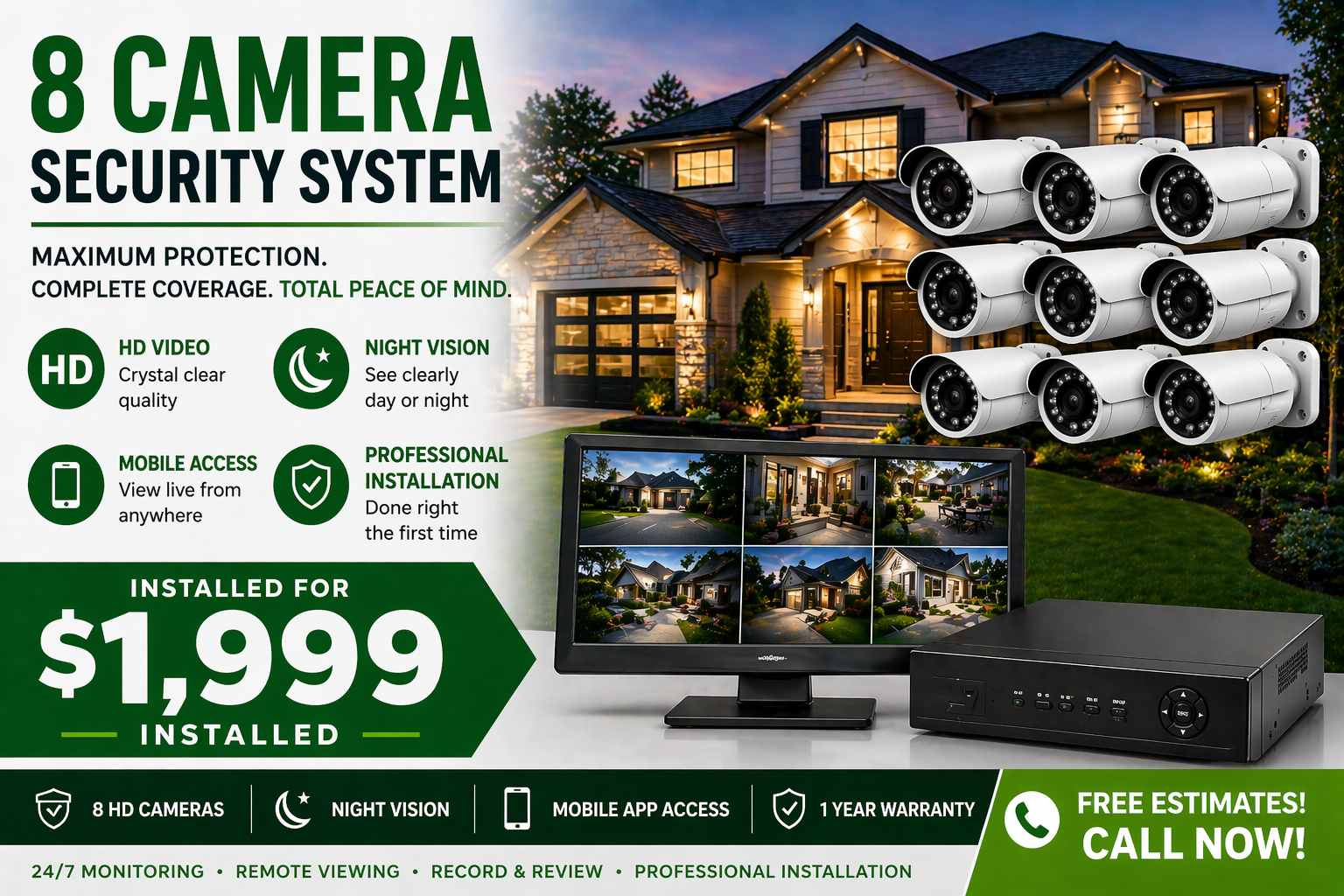 Advertisement for an 8-camera home security system featuring a house with exterior cameras, a monitor displaying multiple camera feeds, and a security recorder unit, with pricing and features listed.