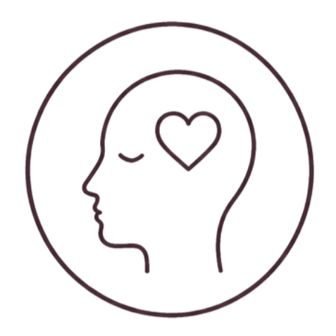Neon outline of a human head with a heart shape inside the brain area, surrounded by a circle.
