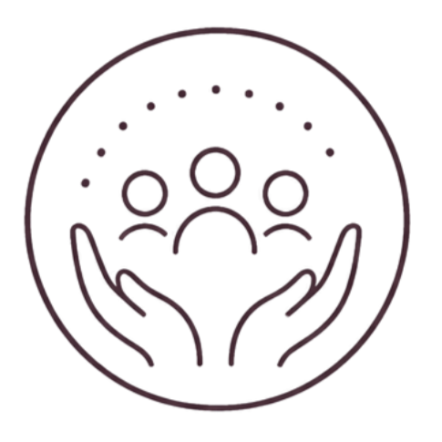 Outline drawing of hands holding three stylized human figures with a dotted circle above, representing community or support.