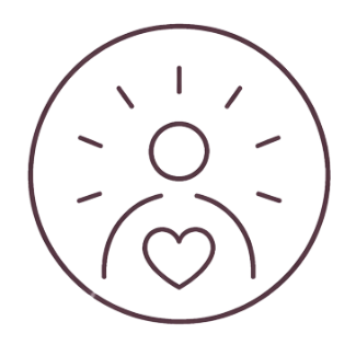 Simple line drawing of a person with arms raised inside a circular clock, with a heart in the lower part of the circle.