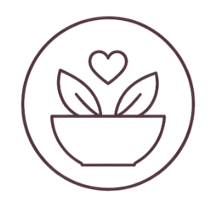 Line drawing of a potted plant with a heart above it, enclosed in a circle.