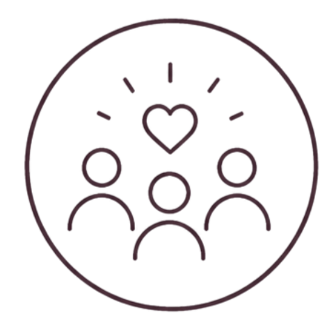 Line drawing of four human figures with a heart above them, surrounded by radiating lines, enclosed in a circle.