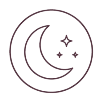 Line drawing of a crescent moon with three stars inside a circle.