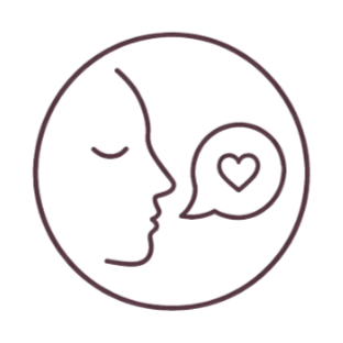 A minimalist line drawing of a person's face in profile inside a circle, with a speech bubble containing a heart symbol.
