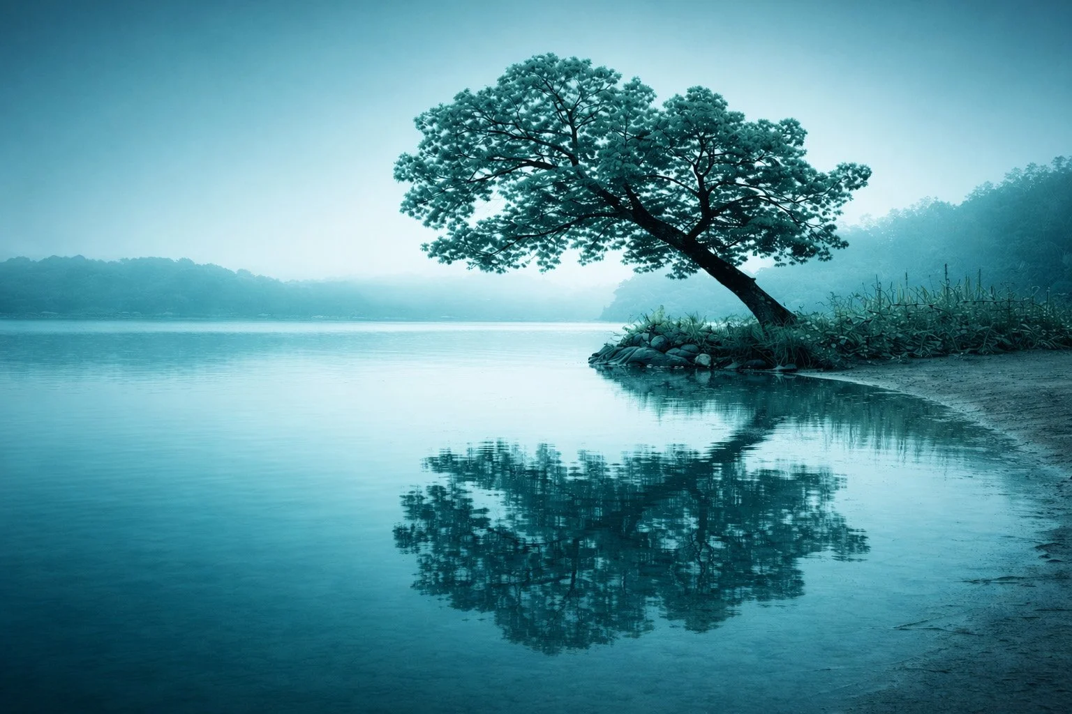 A solitary tree reflected in still water at dawn.