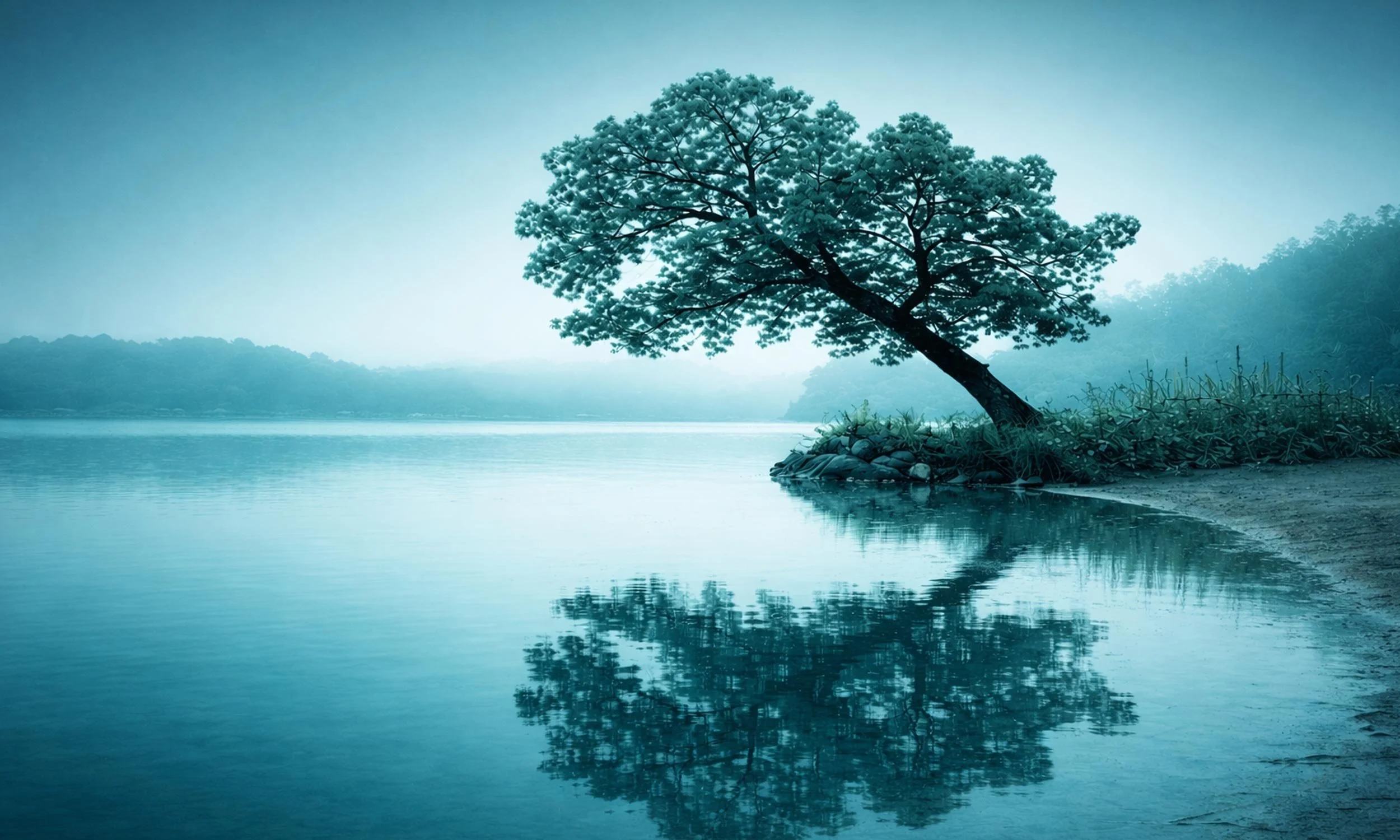 A solitary tree reflected in still water at dawn, mist on the far shore.