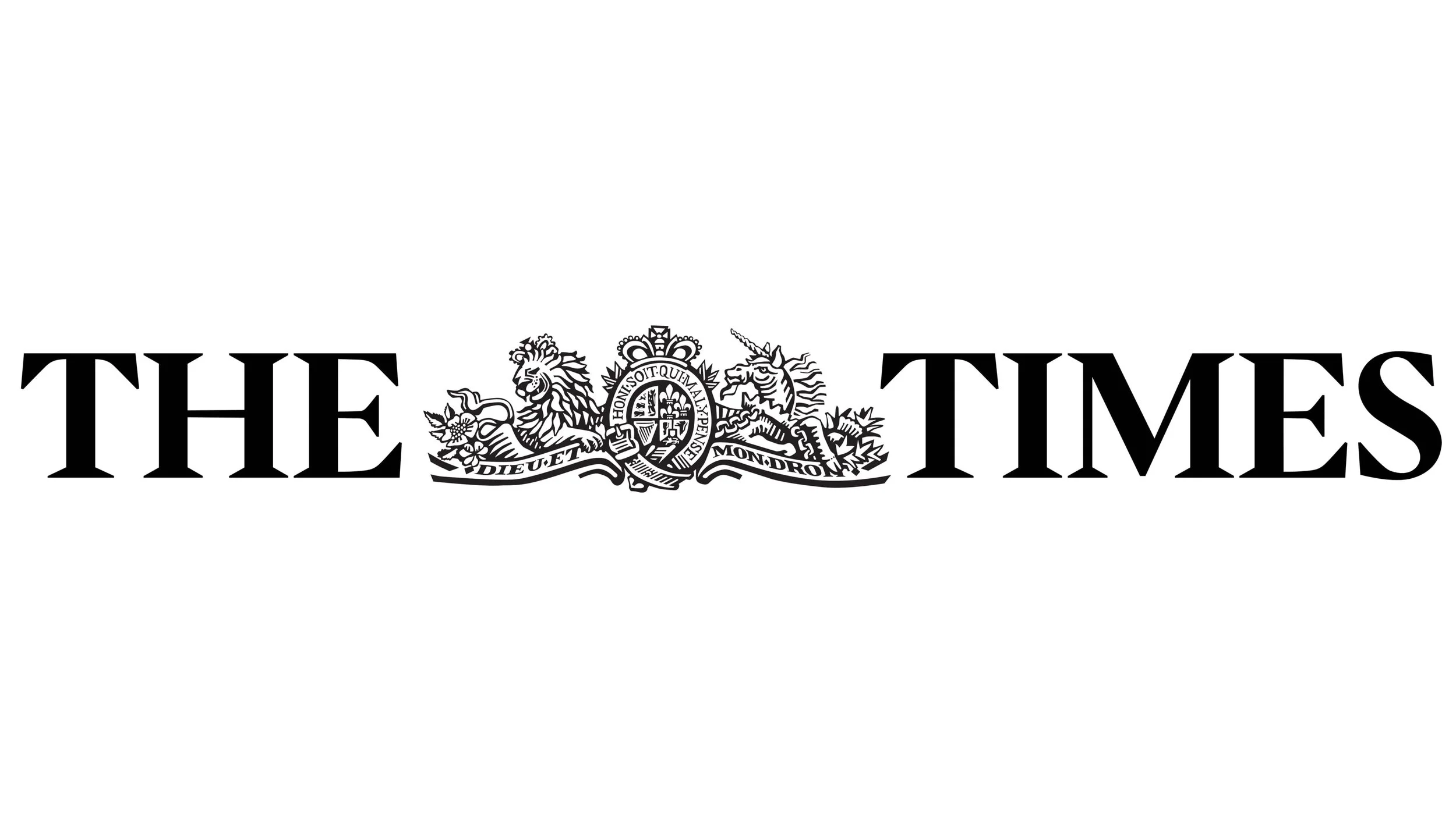 Black and white logo of The Times newspaper, featuring its name in large bold letters and a central emblem with a lion and a unicorn.