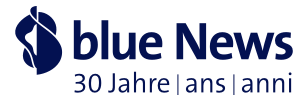 Blue News logo with text '30 Jahre | ans | anni' in German and Italian
