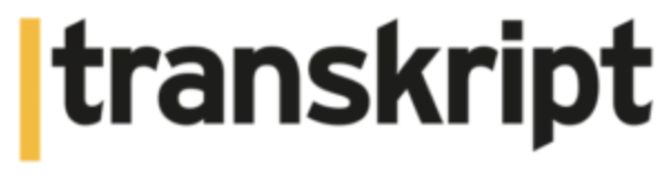 The word 'transkript' in bold black letters with a yellow vertical line to the left.