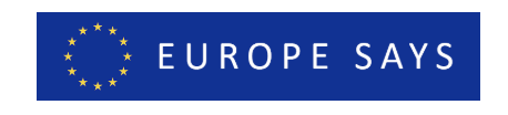 European Union flag with a blue background and yellow stars, and text 'Europe Says' in white.