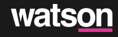 The word "watson" in white lowercase letters on a black background with a pink underline.