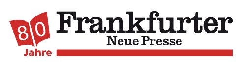Logo of Frankfurter Neue Presse celebrating 80 years with red and black text and an open book icon.