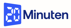 Logo for '20 Minuten' with blue digital clock style font.