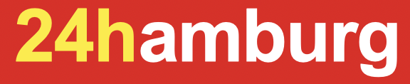Bold red and yellow graphic with the text '24h' in yellow and 'hamburg' in white.