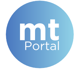 Blue circular logo with white lowercase letters 'mt' and the word 'Portal' underneath.