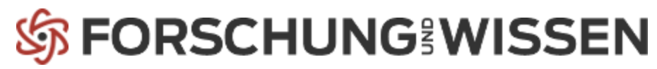 Logo with a red abstract symbol and the German words "Forschung und Wissen" in black bold text.
