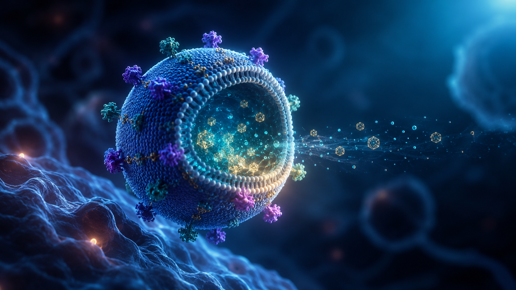 A digital illustration of a virus particle with various proteins attached, surrounded by a microscopic environment with floating geometric shapes and particles.