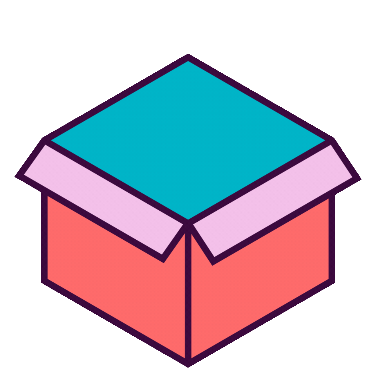 Illustration of an open cardboard box with pink sides, a purple lid, and a blue top, set against a dark background.