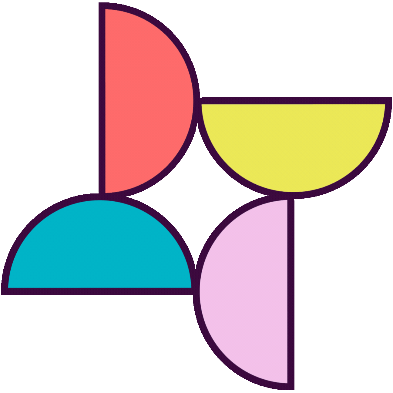 Abstract geometric design with semicircles and quarter circles in pink, yellow, purple, blue, and lavender on a brown background, outlined in dark purple.